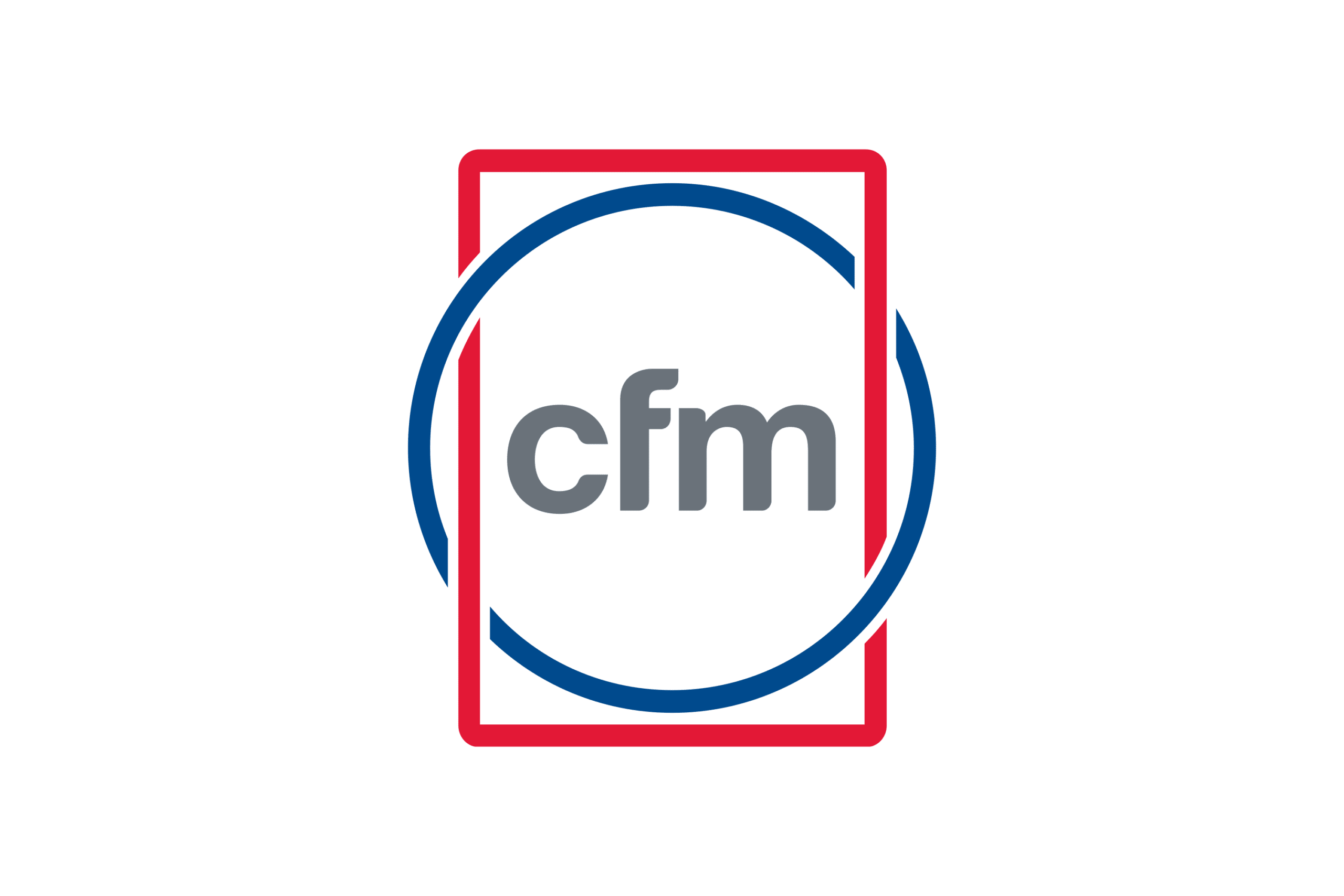 Logo CFM : Carré rouge, cercle bleu et texte gris Logo CFM sur fond vert forêt : lettres 'cfm' grises dans un cercle bleu partiellement inscrit dans un carré rouge aux coins arrondis.