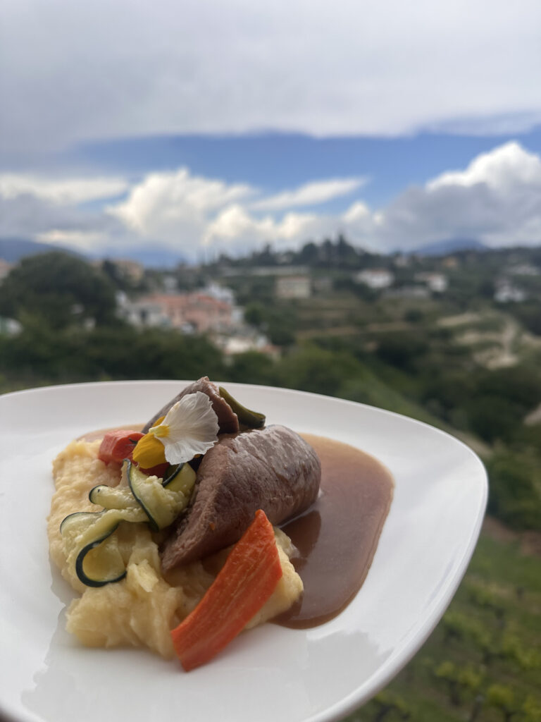 Plat de viande, purée et légumes de saison avec une fleur comestible, tenu en extérieur avec un paysage vallonné et ciel nuageux en arrière-plan.
