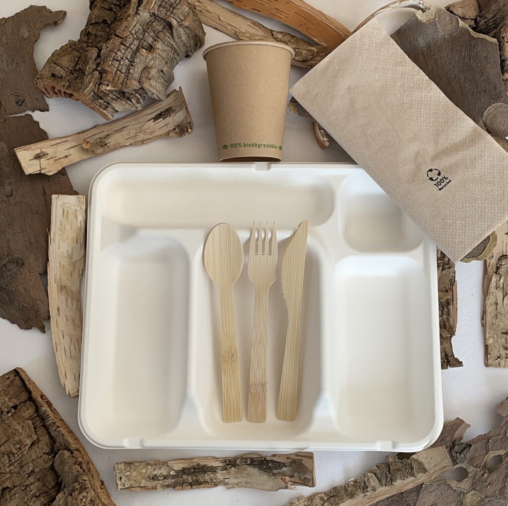 Ensemble biodégradable d'assiette, couverts en bambou, gobelet et serviette recyclée, entouré d'écorce et de brindilles.