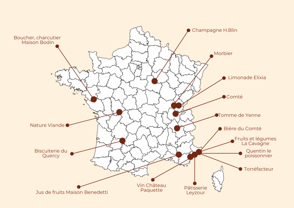 Carte de France localisant des producteurs : Boucherie Bodin, Champagne H.Blin, Morbier, Comté, Tomme de Yenne, Jus de fruits Benedetti, Vin Château Paquette, Pâtisserie Leyzour, Torréfacteur, etc.