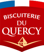 Biscuiterie Du Quercy : Logo traditionnel et produits français. Logo Biscuiterie Du Quercy sur fond rouge et drapeau tricolore français. Texte blanc et silhouette d'une maison rurale dorée.