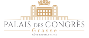 Palais des Congrès de Grasse - Événements en Côte d'Azur Logo du Palais des Congrès de Grasse en Côte d'Azur avec bâtiment stylisé en tons or et gris.
