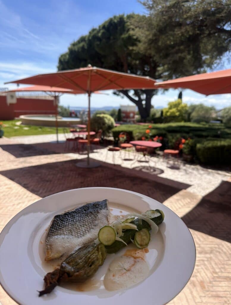 Poisson Gastronomique et Fleur de Courgette en Terrasse Filet de poisson grillé et fleur de courgette sur une terrasse ensoleillée avec parasols orange.